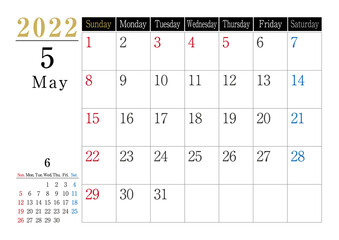 2022年　シンプルカレンダーモノトーン　5月