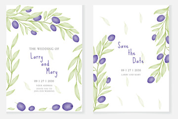 Elegant olive and leaves watercolor wedding invitation card set