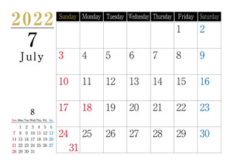 2022年　シンプルカレンダーモノトーン　7月