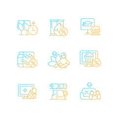 Employee benefits for wellbeing gradient linear vector icons set. Providing corporate discounts. Wellness protection. Thin line contour symbols bundle. Isolated outline illustrations collection