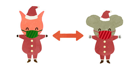 Social distance of pigs and koalas dressed as Santa