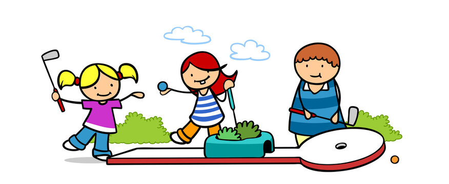 Fröhliche Kinder spielen zusammen Minigolf Stock-Illustration | Adobe Stock