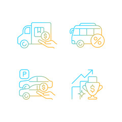 Corporate perks at work gradient linear vector icons set. Relocation assistance. Employee transportation. Parking spot. Thin line contour symbols bundle. Isolated outline illustrations collection