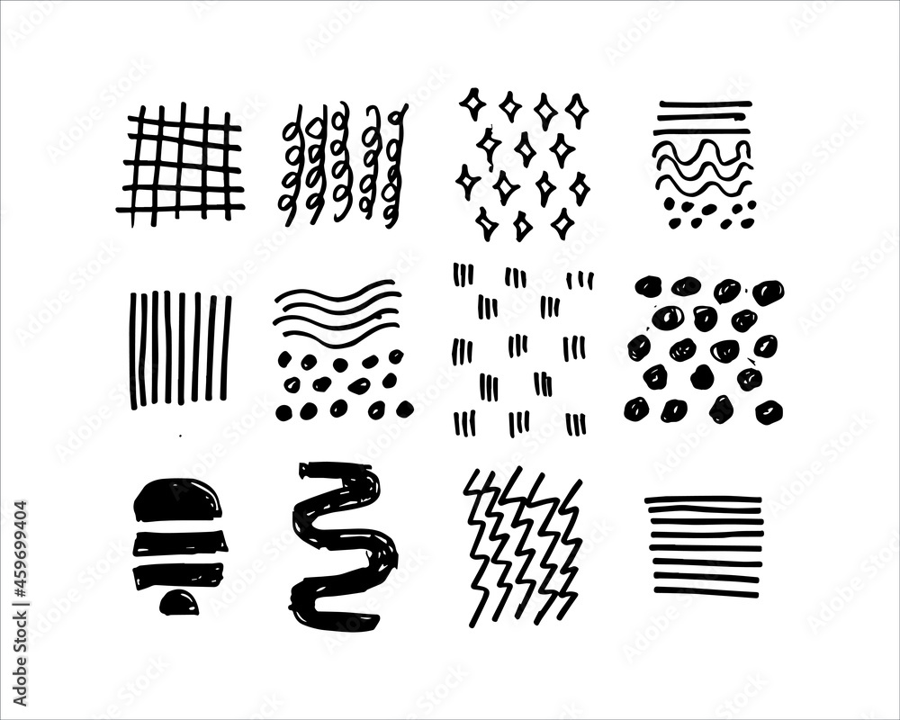 Poster set of hand-drawn patterns in various strokes. creative vector texture of hand-made illustrations of
