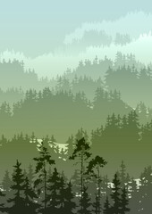 Vector background with mountains and forest. Green tones  - 459699866