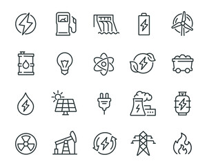 Energy Icons Set. Electricity, Solar Panels, Dam, Nuclear Power Plant, Eco Energy, Oil, Coal, Gas and others and others.