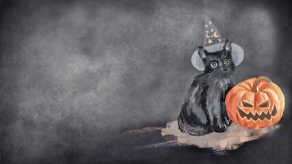 Halloween background. Black cat in magic hat with halloween pumpkin