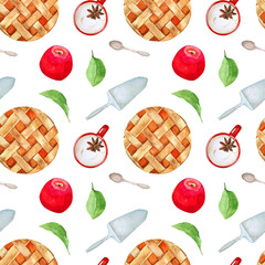 Watercolor seamless pattern with autumn pastries and a hot drink on a white background. Culinary pattern with different elements: apple pie, pie spatula, vintage teaspoon, apples, spiced coffee, leave