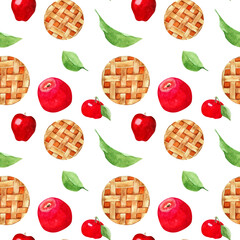 Hand-drawn watercolor seamless pattern with apple pie and red apples on a white background.
