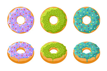 Colorful tasty donut set isolated on white background. Glazed doughnuts top view and 3d collection for cafe decoration or menu design. Sweet baked rings. Vector flat eps illustration