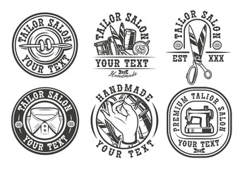 Set of vintage badges on the tailor salon theme. The text is in a separate group