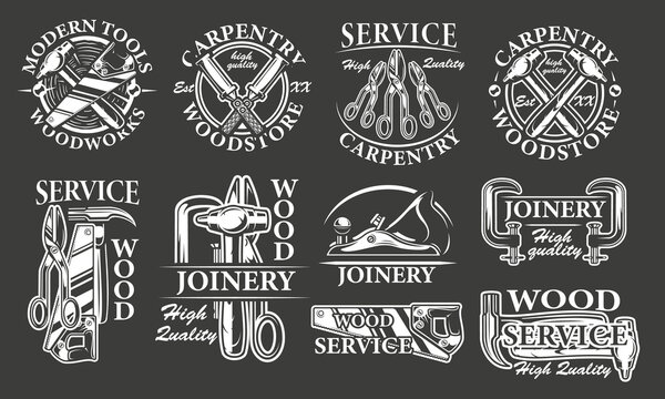 Set of vintage carpentry badges for dark background. Vector
