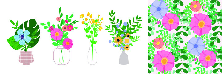 Garden and wild flowers brunch bouquet set. Collection of various blooming plants with stems and leaves and seamless pattern. Vector collection in flat naive style. 