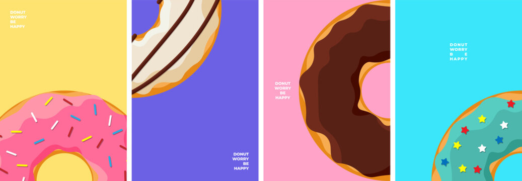 Colorful tasty donut poster design template set. Glazed doughnuts banner collection for cafe decoration or advertising. Sweet baked rings on colored background. Vector drawing illustration for bakery