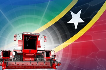 Farm machinery modernisation concept, 3 red modern wheat combine harvesters on Saint Kitts and Nevis flag - digital industrial 3D illustration