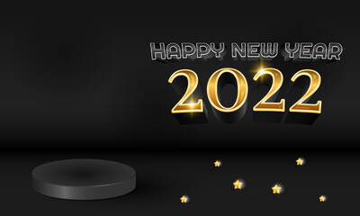 3d modern black gold 2022 happy new year banner with star decorations