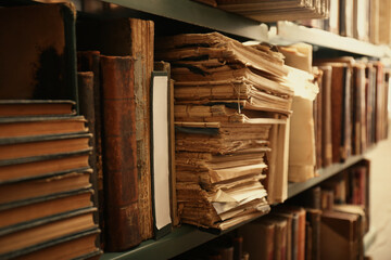 Collection of old books on shelves in library