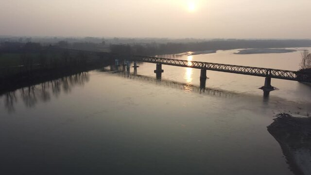 "Ponte della Becca" bridge over rivers Ticino and Po confluence in Pavia, Italy