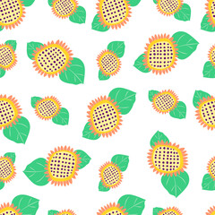 Seamless pattern with sunflowers and sunflower leaves in a naive, childish style.
