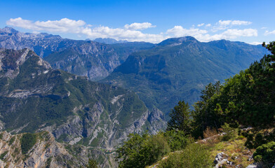 A breathtaking panoramic view of the Grlo Sokolovo gorge in Montenegro with the canyon of the Cijevna River on the border with Albania