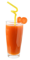 Glass of carrot juice decorated sliced carrots isolated