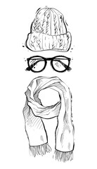 Knitted hat, eyeglasses and a scarf, hand drawn vector illustration monochrome
