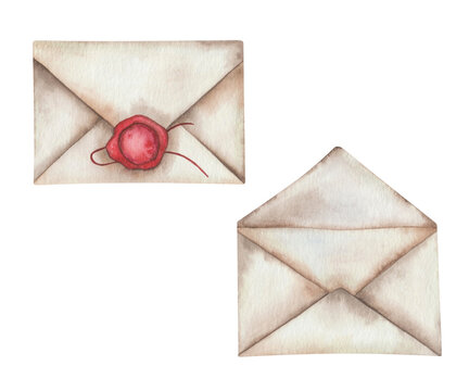 Watercolor illustration hand painted open, close empty envelope from old paper, red wax seal stamp isolated on white. Post letter clip art design element for love mail, greeting postcard, invitations