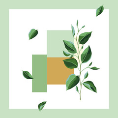 Card or print with branch and green leaves. Spring or summer stylized foliage. © incomible