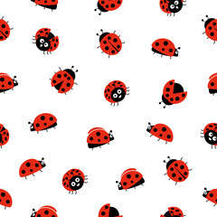 Ladybugs cute characters seamless pattern. Ladybirds insects flying with open wings and big eyes. Vector isolated on white © Віталій Баріда