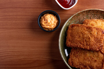Battered Fish Fillet with Tomato Sauce copy space
