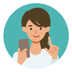 Woman cartoon character. People face profiles avatars and icons. Close up image of Woman using smartphone.