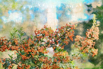 Pyracantha. Branches with orange ripe berries. Firethorn bush on a blurry background of a country house or cottage. Digital watercolor painting.