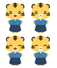 着物を着た笑顔のトラのキャラクターのセット
