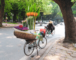 Fototapeta na wymiar Selling flowers on bicycle in Hanoi street
