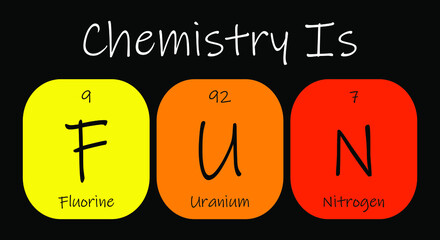 Chemistry is FUN – Fluorine, Uranium and Nitrogen. Funny phrase with the periodic table of the chemical elements.