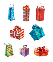 Set of watercolor Christmas gift box icon isolated on white background. Hand drawn painting holiday illustration.