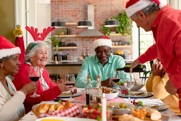 Diverse group of happy senior friends celebrating christmas with vine together at home
