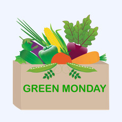 Cardboard box, package with fresh vegetables. Green Monday, December 14. Online shopping. Home delivery of groceries. Christmas. Vector illustration.