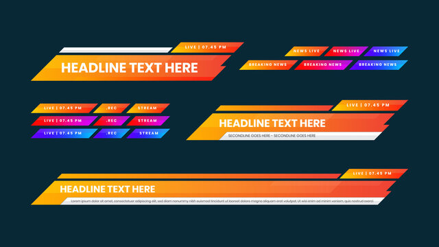 Lower third yellow mix oranges template. Set of TV banners and bars for news and sport channels, streaming and broadcasting. Collection of lower third for video editing on transparent background.