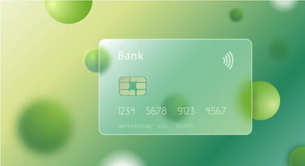 Transparent bank green card. Glass credit card with abstract green and white circles vector illustration with soft matte transparency effect.