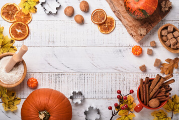 Pumpkin and food ingredients, spices, cinnamon and kitchen utencil on white rustic wooden...