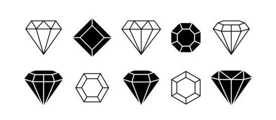 Set different shapes gemstones. Diamond line art design elements. Vector illustration