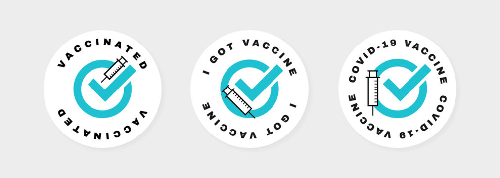 Vaccinated sticker set. COVID-19 vaccine shot. I got my covid-19 vaccine. Logo design for medicine, health and protection. Vector illustration
