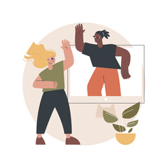 Online friends party abstract concept vector illustration. Happy talking and laughing woman, isolation entertainment, video call, virtual fun at home, zoom conference, web chat abstract metaphor.