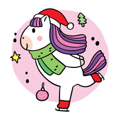 Cartoon cute Christmas and New year unicorn ice skating vector.