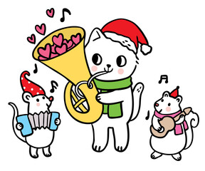 Cartoon cute Christmas and New year  cat and friend play music vector.