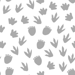 Seamless repeat pattern with different shape gray dinosaur foot prints tracks on a white background. Great for boys and kids designs