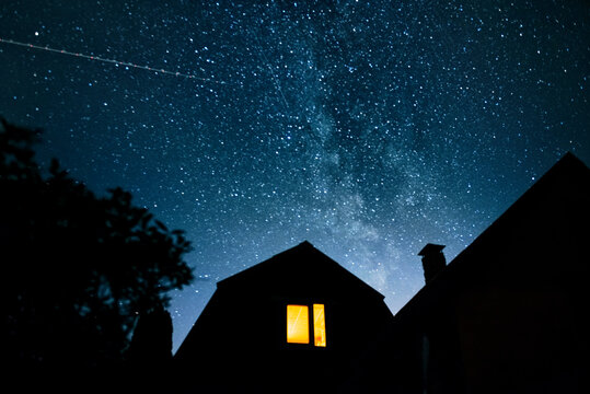 The Milky Way. summer night sky with stars. Starfall.The Perseids, one of the most powerful meteor showers on the night of August 12-13.Background. selective focusing on the starry sky, night shooting