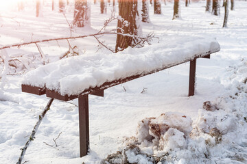 Snow-covered bench in the city snow-covered winter park. Moody winter scenery. Sunny day after snowfall