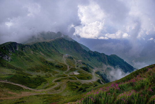 Foothills of the Caucasus.Beautiful landscape of the valley in the mountains.fog in the mountains. the photo is suitable for advertising tourism. a desktop screensaver.advertising of active recreation